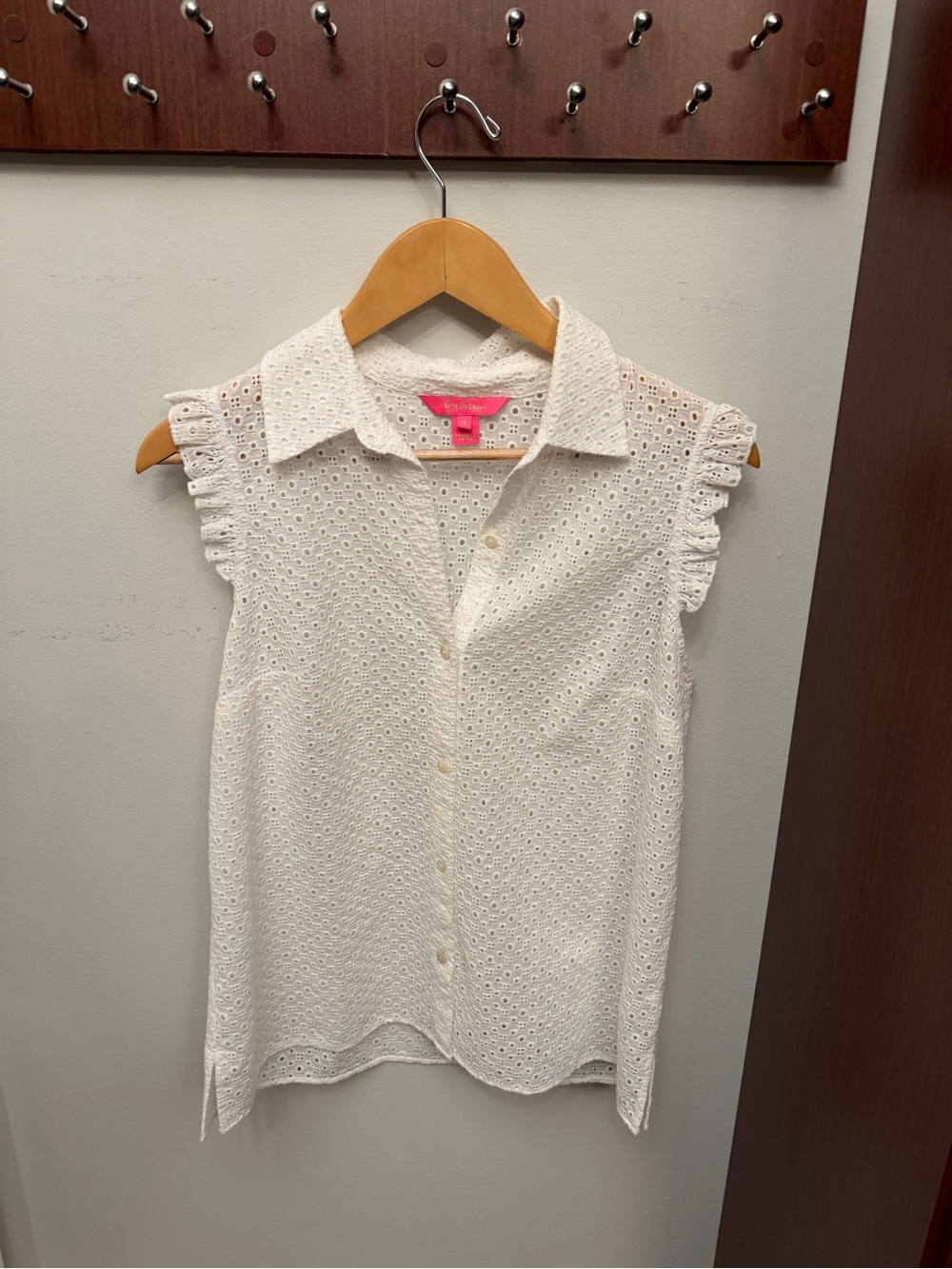 Lilly Pulitzer White Lenox Eyelet Ruffle Sleeve Button-Down Top